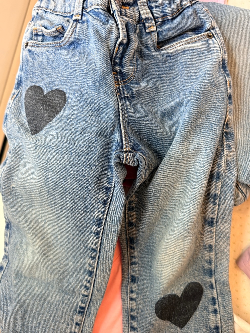 Zara Light Blue Straight Leg Jeans with Black Hearts